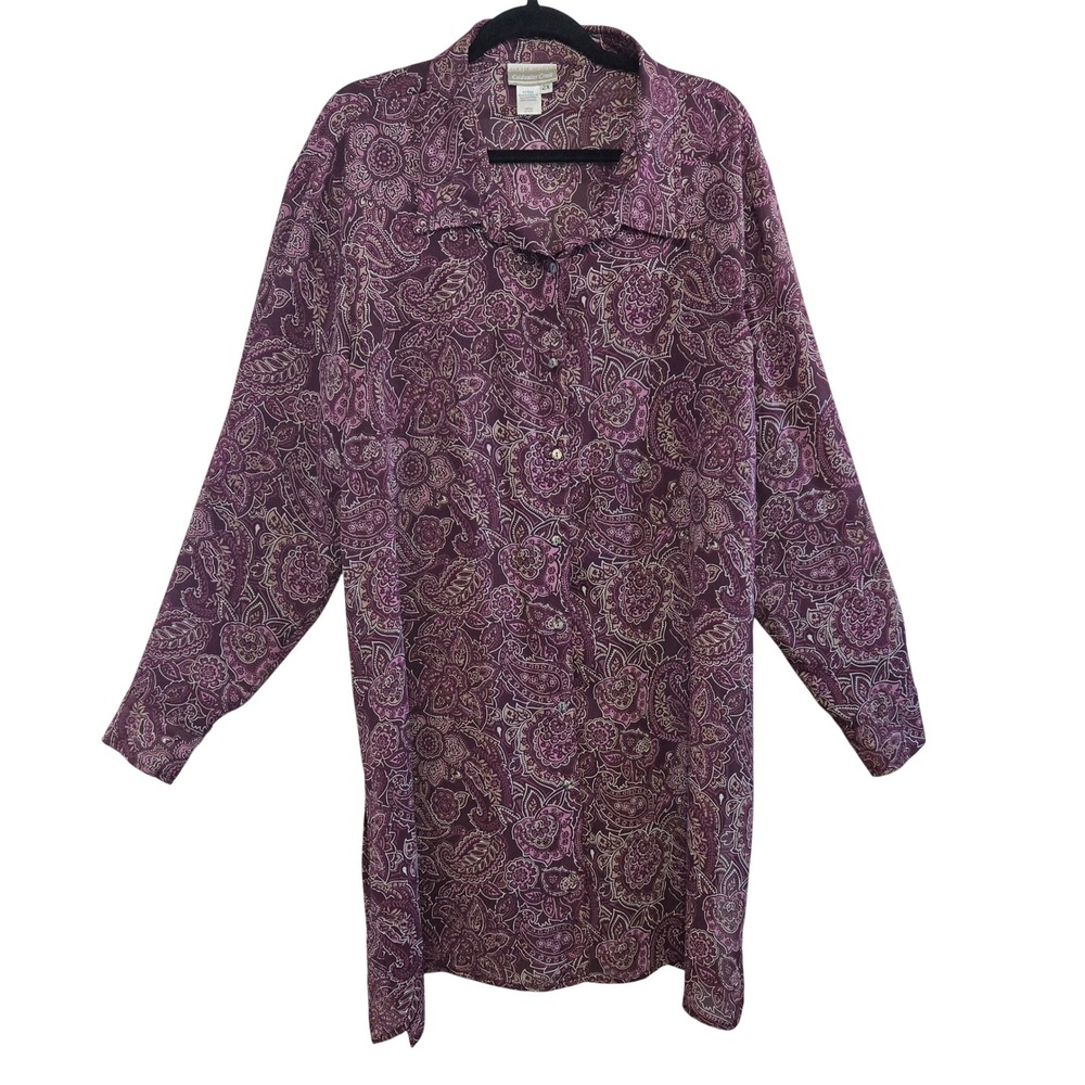 Coldwater Creek Boho Purple Paisley Tunic Top Button Down Long Sleeve Womens 2X